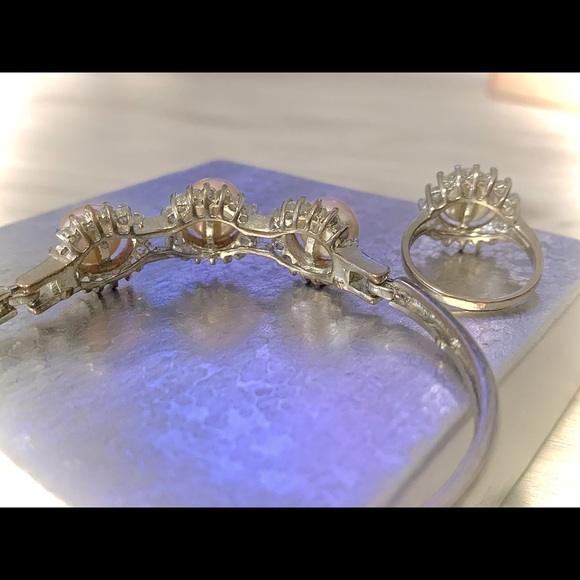 Authentic pink Cultured Pearl Diamond Bracelet & Ring - Picture 2 of 3